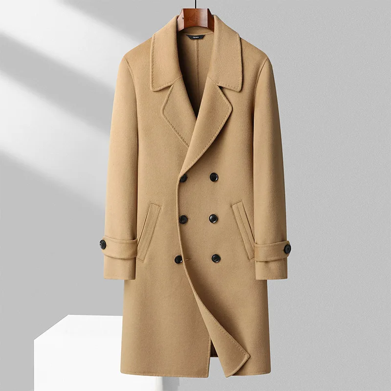 Top Long-Length 100% Wool Coats Men's Autumn Winter Business Casual Woolen Overcoat Outwear Solid Color Wool Windbreaker Jackets