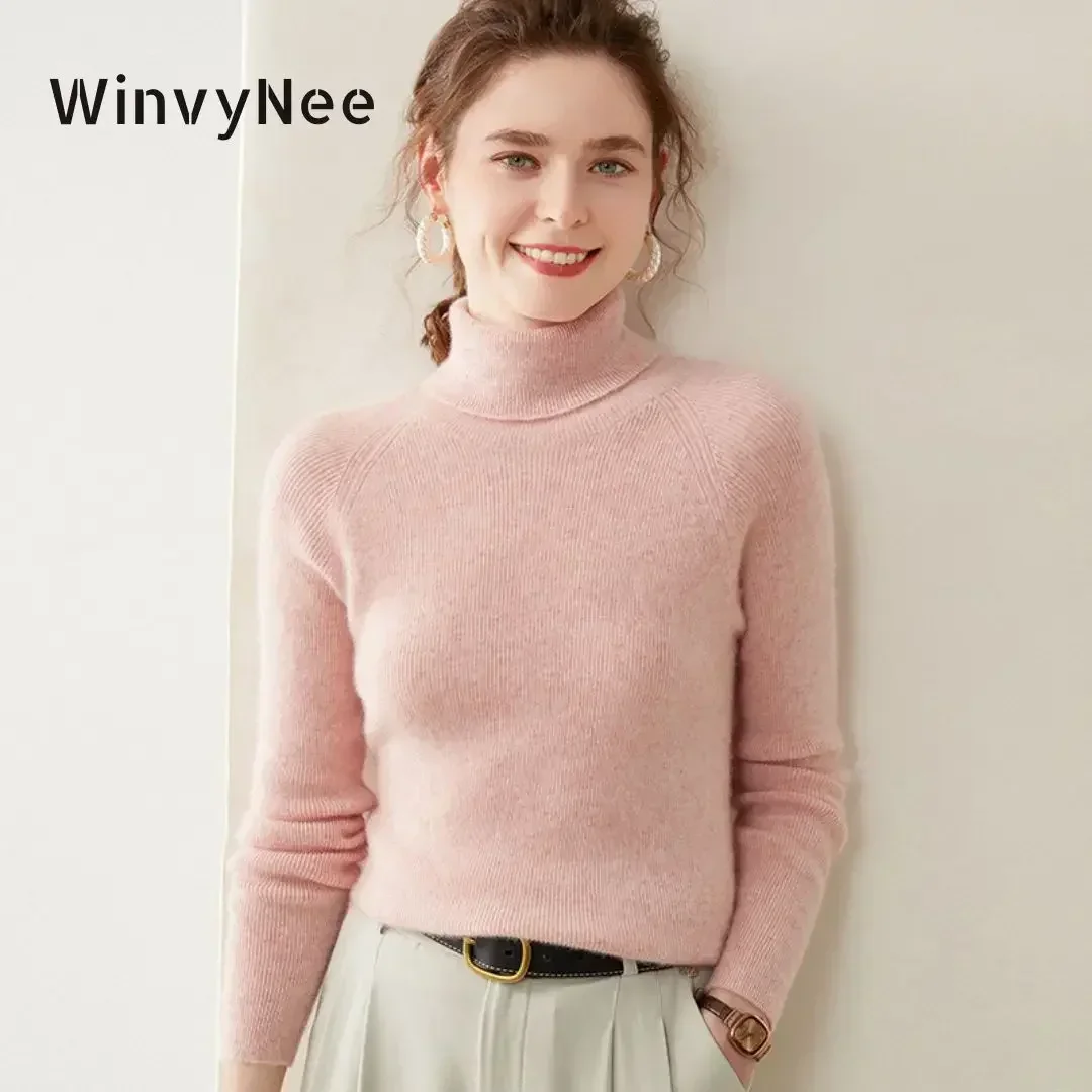 

WinvyNee Cashmere Sweater Women Long Sleeve Slim Turtleneck Merino Wool Casual Jumpers Solid Knitwear Pullover Autumn A1174007