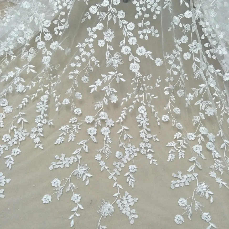 Elegant fashion bridal dress lace fabric 130cm width wedding dress fabric sequins lace selling by yard