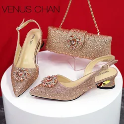 Diamonds And Rhinestones 2024 Peep Toe Champagne Color Elegant Women High Heels Shoes and Bag Set For Women Wedding Party Pump