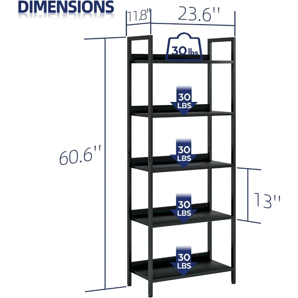 5 Tier Bookshelves, Home Office Bookcase Shelf Storage Organizer, Free Standing Storage Shelving Unit