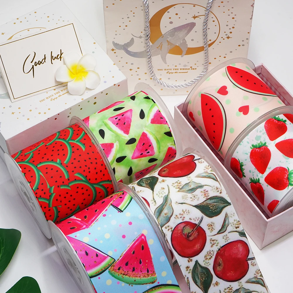 Cinta de grogrén impresa con frutas de dibujos animados para manualidades, accesorios de costura, molde de resinas planas, 5 yardas, 10 piezas 52428