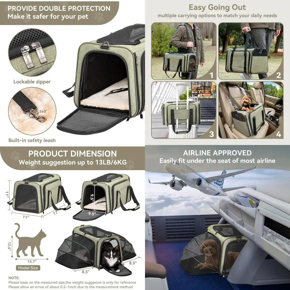 

Airline-Approved Expandable Pet Carrier, 17L x 11W x 11H, Soft-Sided for Cats & Dogs, Removable Mat & Pockets, Auto-Lock Zippers