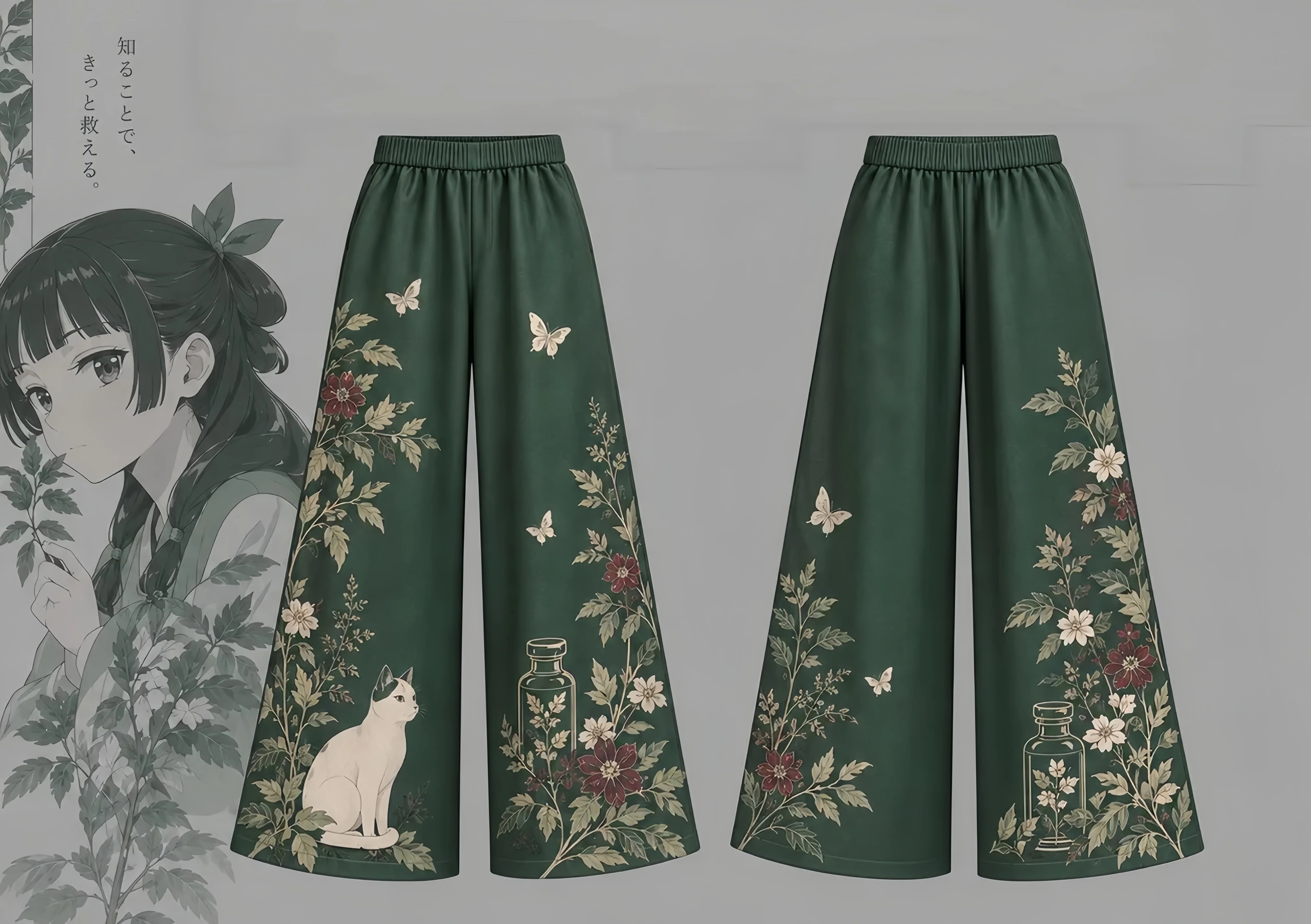 Sweet Harajuku Vintage Japanese Anime Flower Side Printed Wide Leg Pants Elastic Waist Dual Purpose Women's Casual Pants