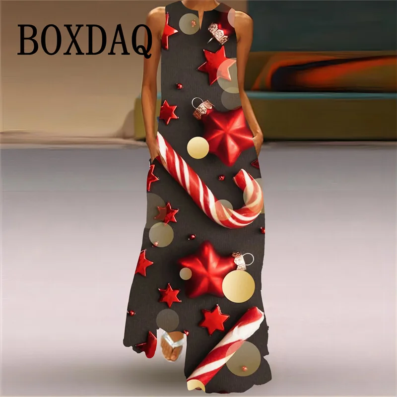 Colorful Christmas Flowers Women Dress Elegant Casual Sleeveless V-neck Pocket Long Dress Spring Summer New Christmas Party Robe
