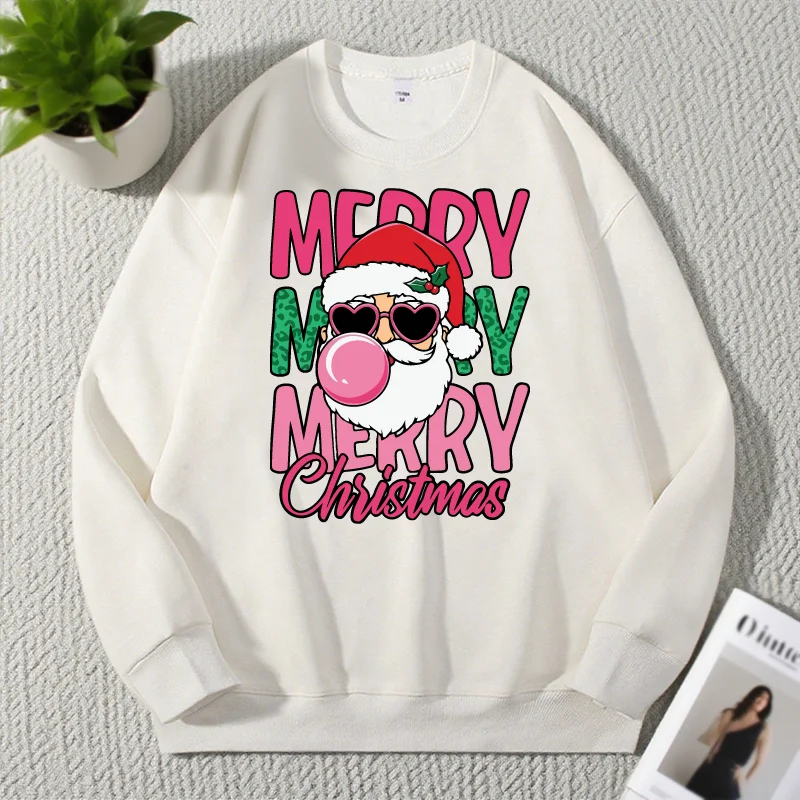 سويت شيرت Cute'Merry Merry Christmas'Santa قابل للتخصيص، بلوفر مريح بأكمام طويلة، مثالي للتجمعات الاحتفالية وأحداث عيد الميلاد