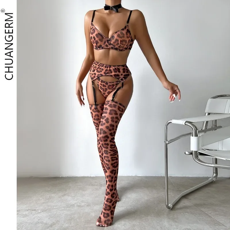 CHUANGERM, leopardo, biancheria intima Sexy reggiseno push-up in sei pezzi con collant set porno costume donne sexy aperte