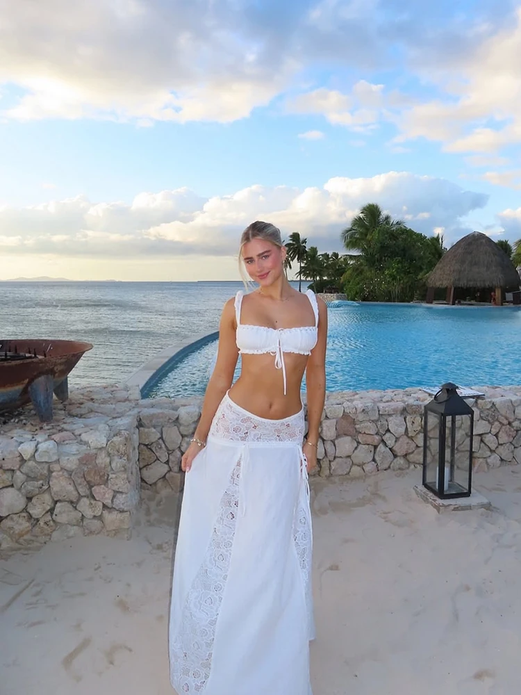 Women Chic White Two Piece Set Ruffle Strap Tie Front Crop Top Floral Lace Waist Maxi Skirt Boho Summer Beach Party Holiday Wear view 2