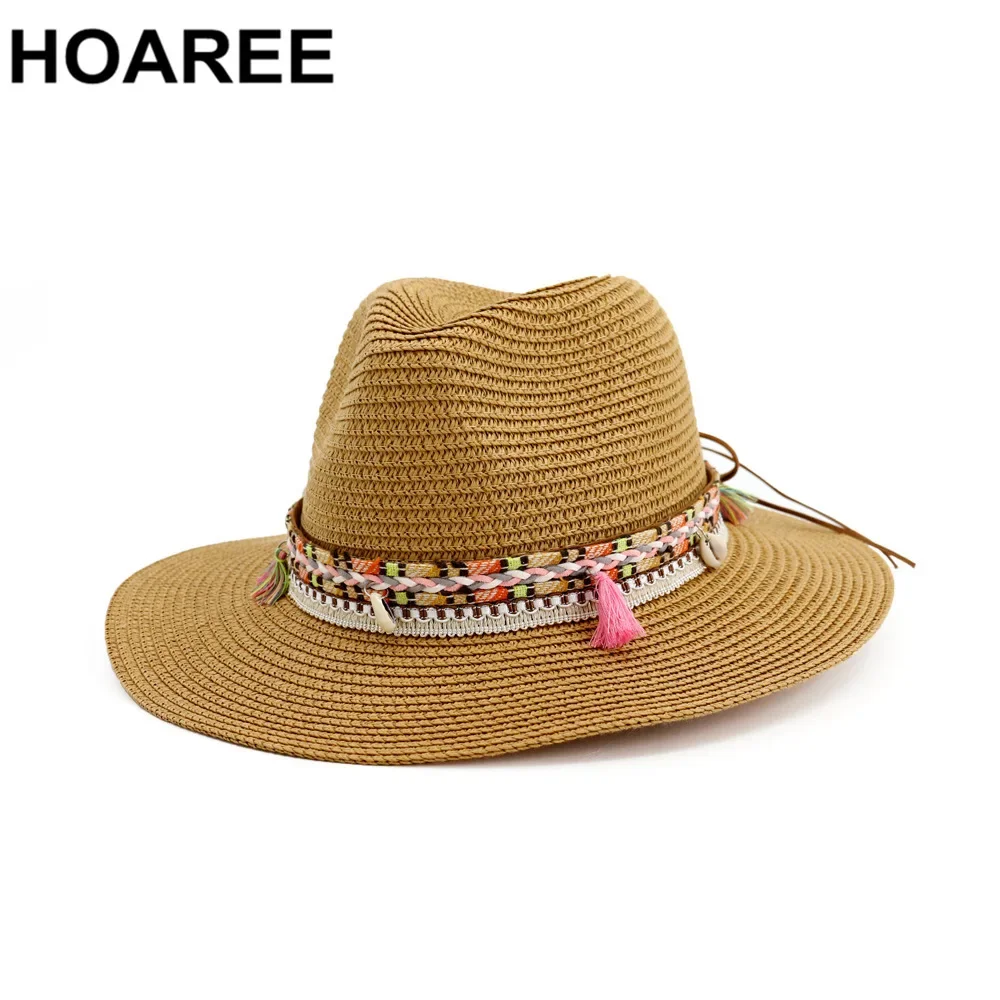 HOAREE Sombrero de paja para el sol Sombrero panamá blanco Playa Gorras de verano para mujer Sombrero Fedora femenina Sombrero informal para mujer