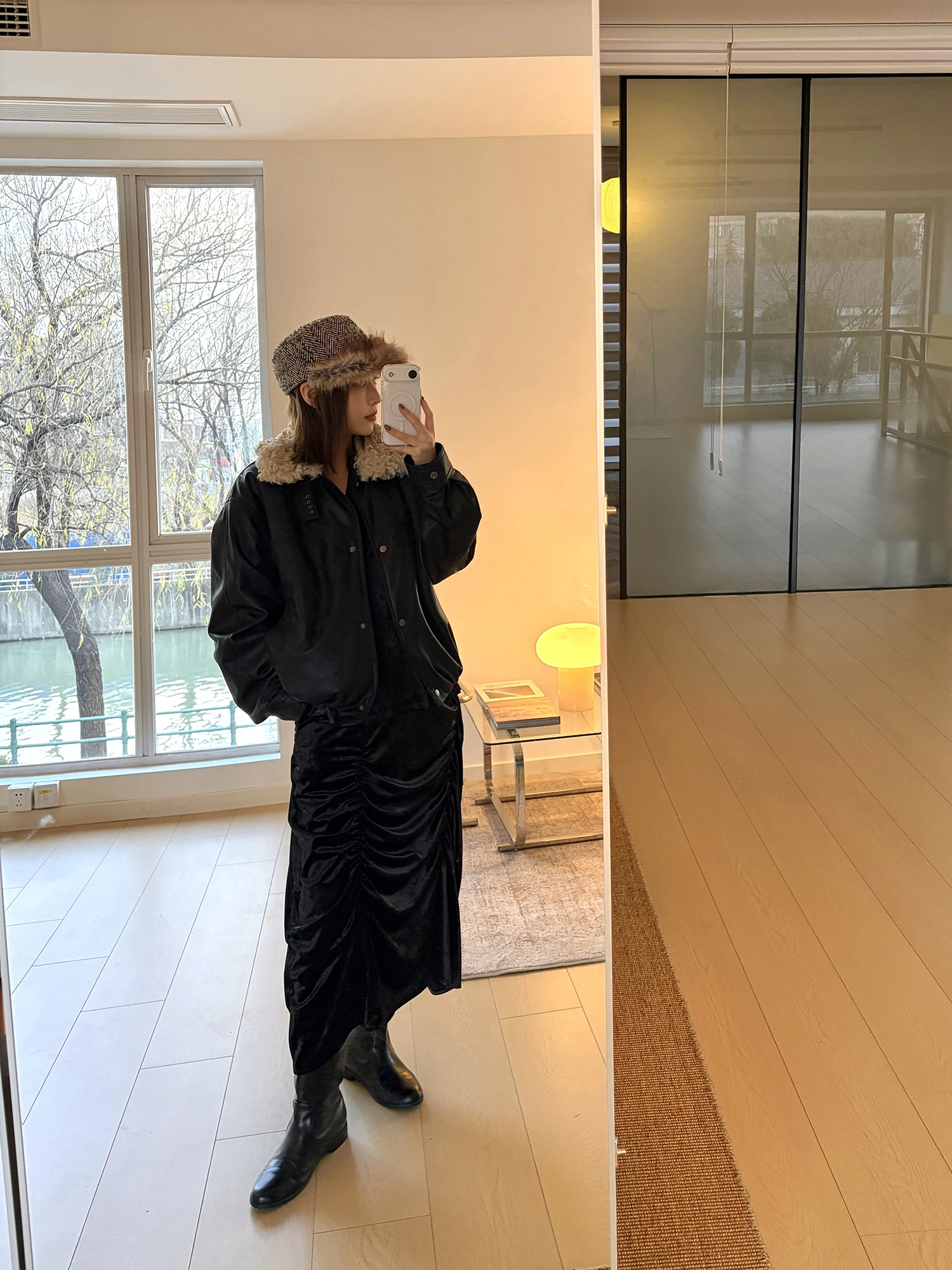 

SukiiRED Eco-Friendly Wool Collar ort Jaet Particle Fce Lined Cotton PU Leather Women's Special Long Sve Coat