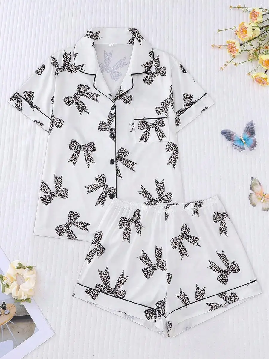

Women Bow Print Pajama Set Short Sleeve Shirt With Lapel Buttons Loose Elastic Shorts Casual Homewear