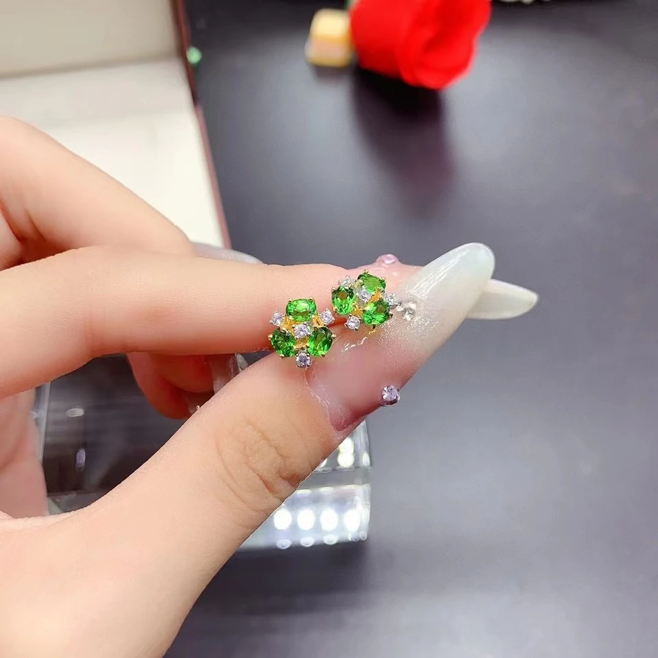 Cute 925 Silver Stud Earrings with Gold Lated 3mm*4mm Total 0.8ct Natural Diopside Earrings Allergy Free Chrome Diopside Jewelry