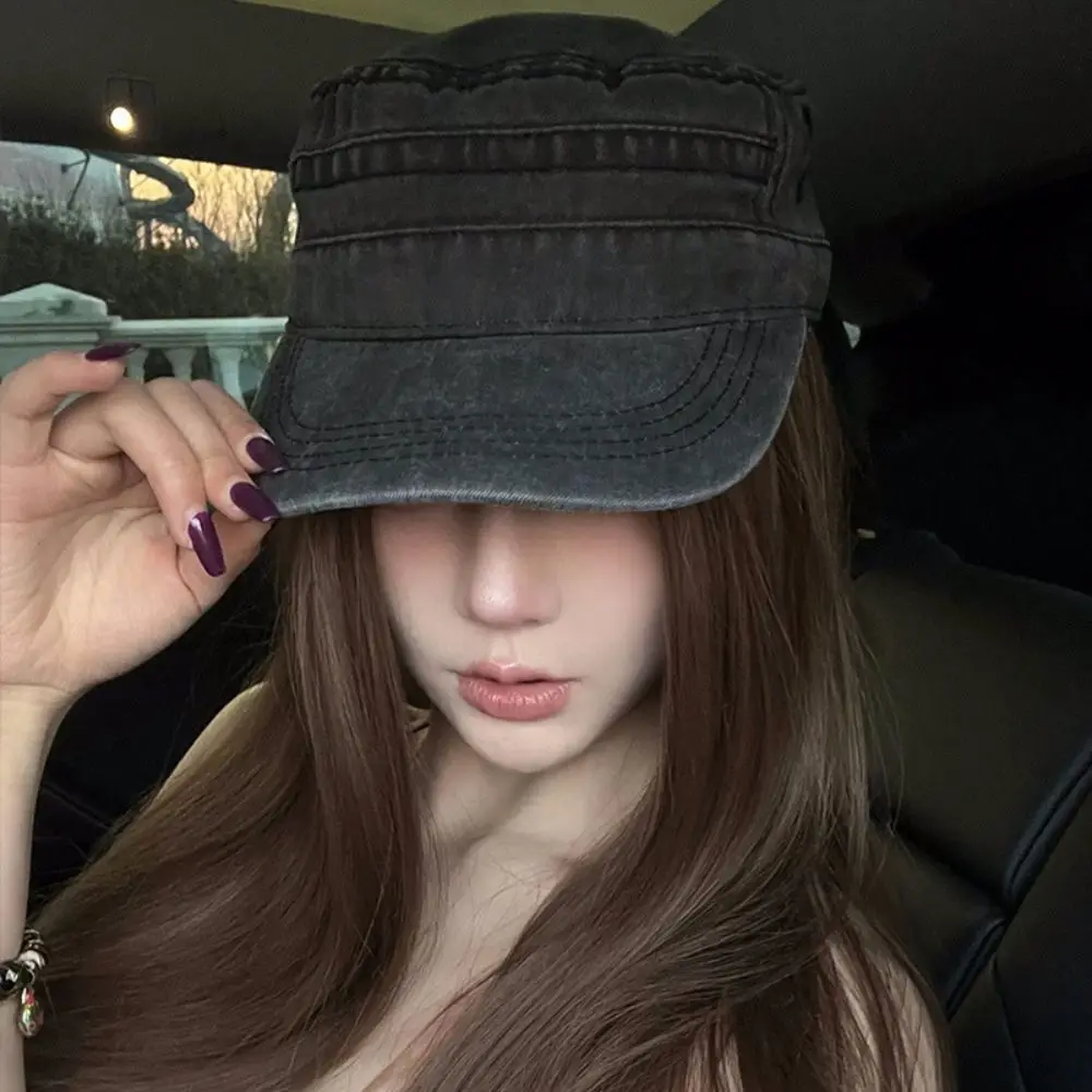 

Casual Vintage Flat Top Hat Washed Cotton Gothic Cadet Cap Streetwear Y2k Visor Hat Outdoor