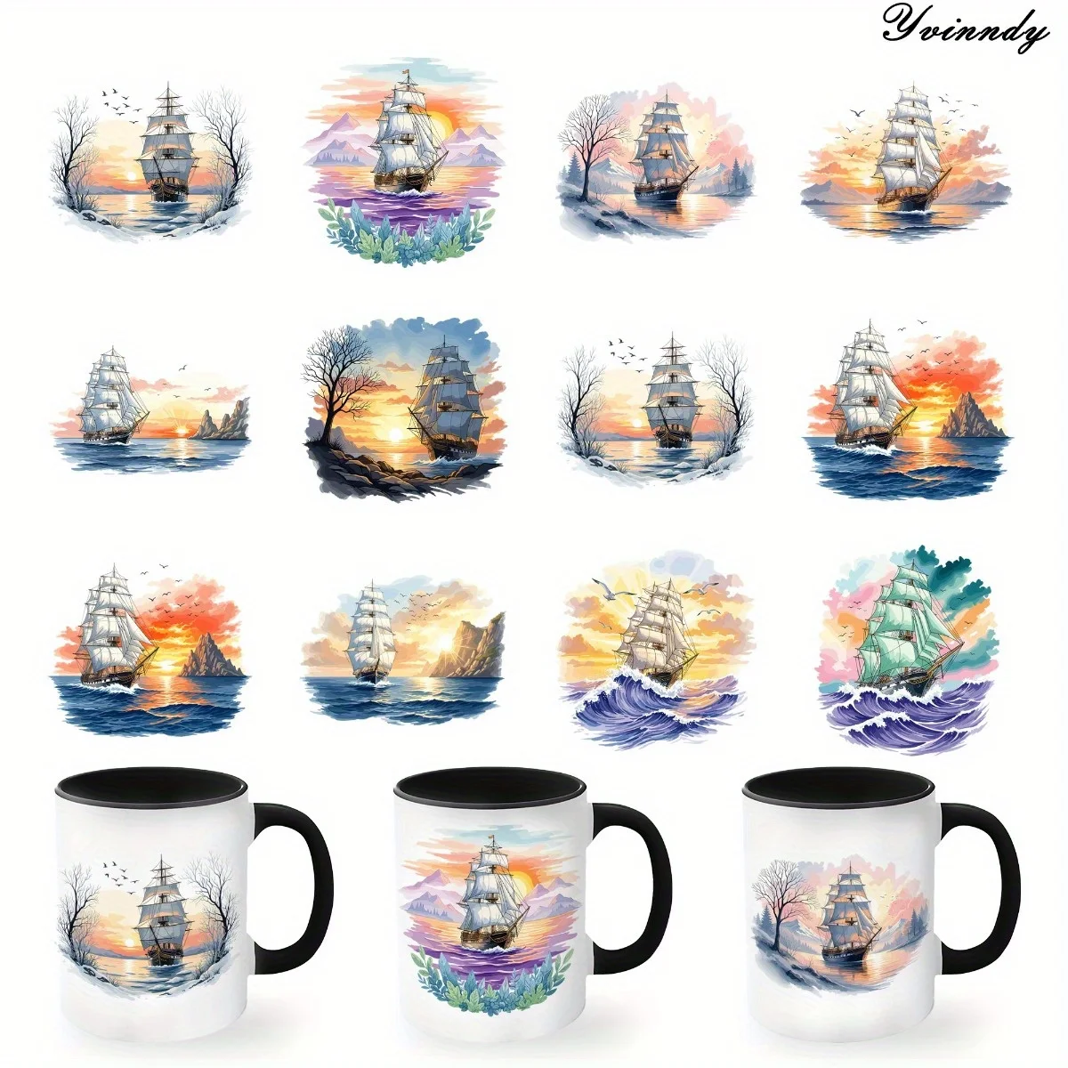 12 Stück/Set Segel-Aquarell-Malerei DIY Glasgefäß-Verpackungsaufkleber UV DTF Hochwertiges Selbstklebendes Transferpapier