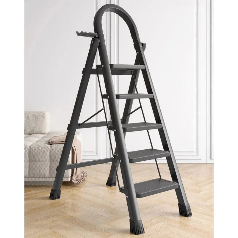 Household large pedal folding ladder, with handrail zigzag ladder, portable folding ladder, thick steel pipe folding ladder