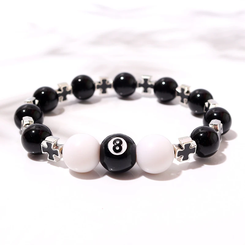 Billiard Black Ball 8 Beads Bracelet Men Women Handmade Cross Lucky Elastic Bracelet Male Hip Hop Jewelry Accessories