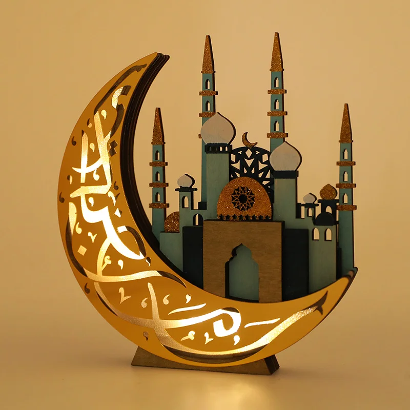 

EID Mubarak Wooden Lamp Moon Mosque LED Light Lantern Candle Holder Ramadan Kareem Ornament 2025 Islamic Muslim Party Decoration