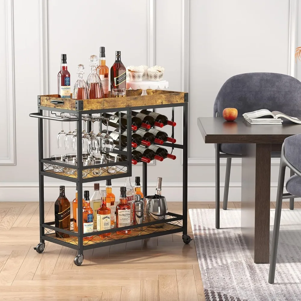 

Bar Car, Family Bar Service Car, 3 Tier Beverage Cart with 12 Wine Bottle Racks, Kitchen, Dining Room Living Room Alcohol Cart