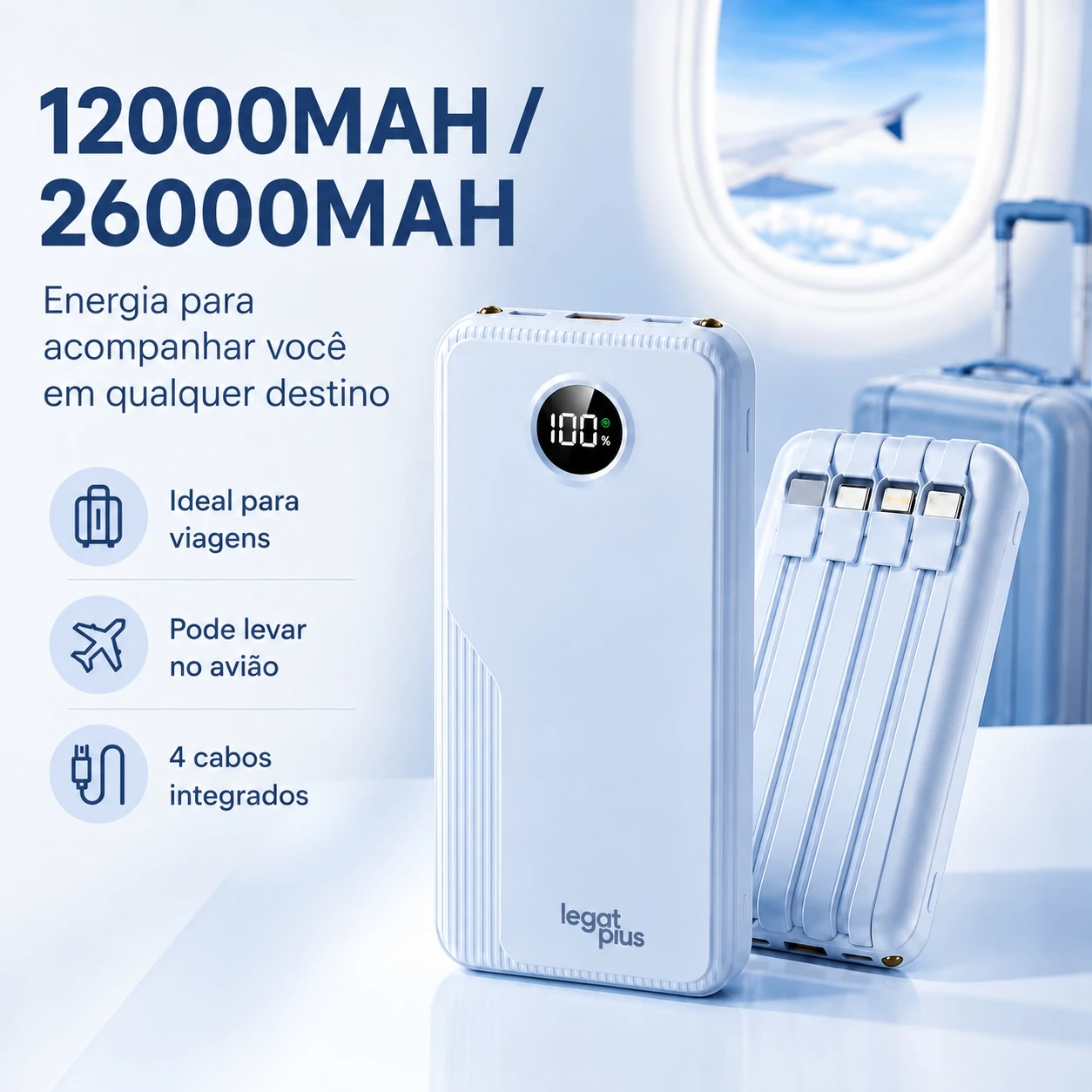 Power Bank 12000mAh / 26000mAh Com 4 Cabos Integrados PD 22.5W Display Digital Para Todos Os Dispositivos