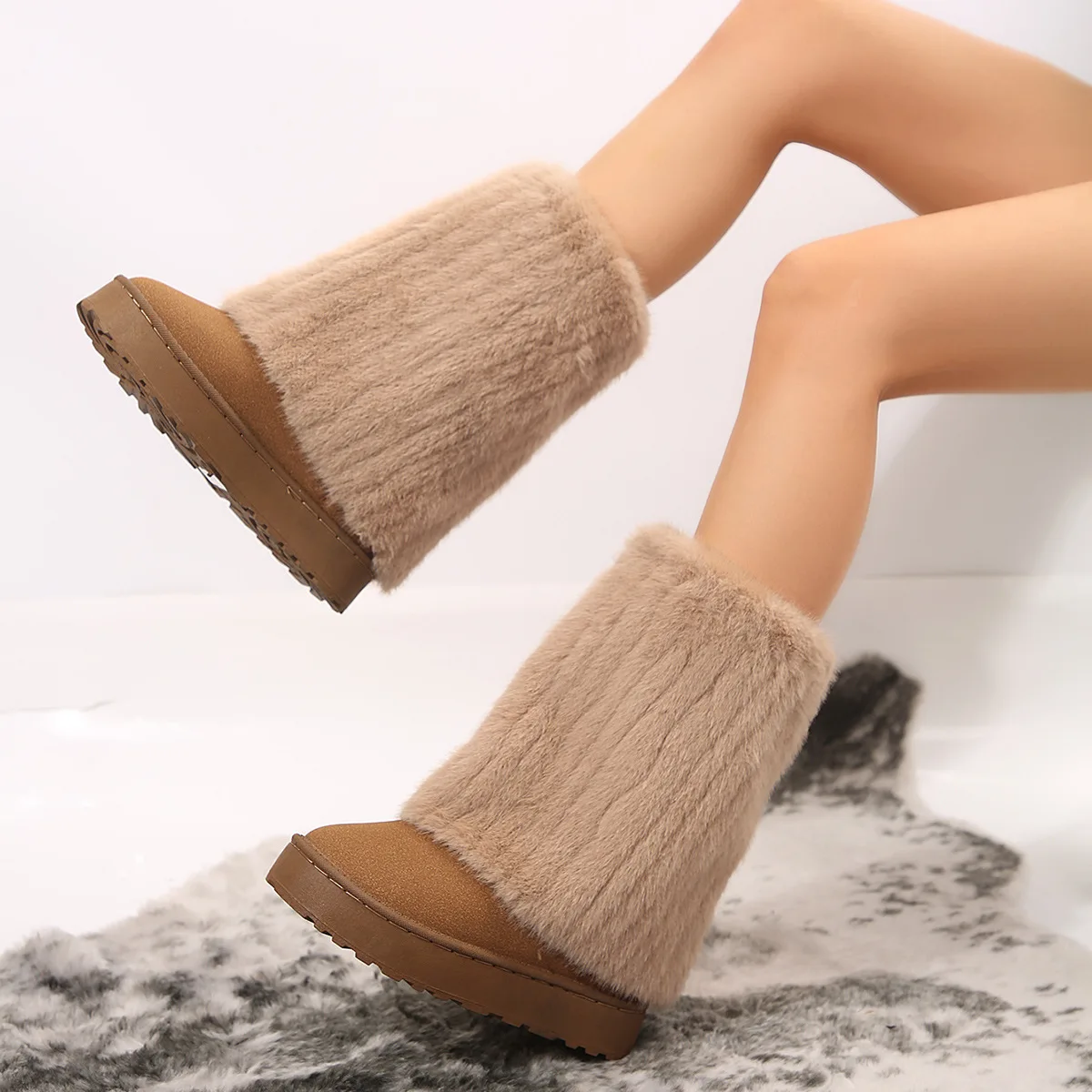 Thick-sole Mid-calf Snow Boots For Women Warm Plush Shoes With Turned-over Edge Suede Y2k Party Dress Fashion Daily Wear Winter