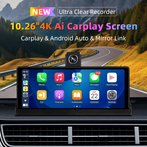 Imagen 2 del producto Cámara de salpicadero 4K de 10,26 pulgadas para coche, dispositivo con Carplay, Android, GPS, 5G, WIFI, FM, BT, Dvr, rotación de 350 °, lente Dual, grabadora de conducción para camión