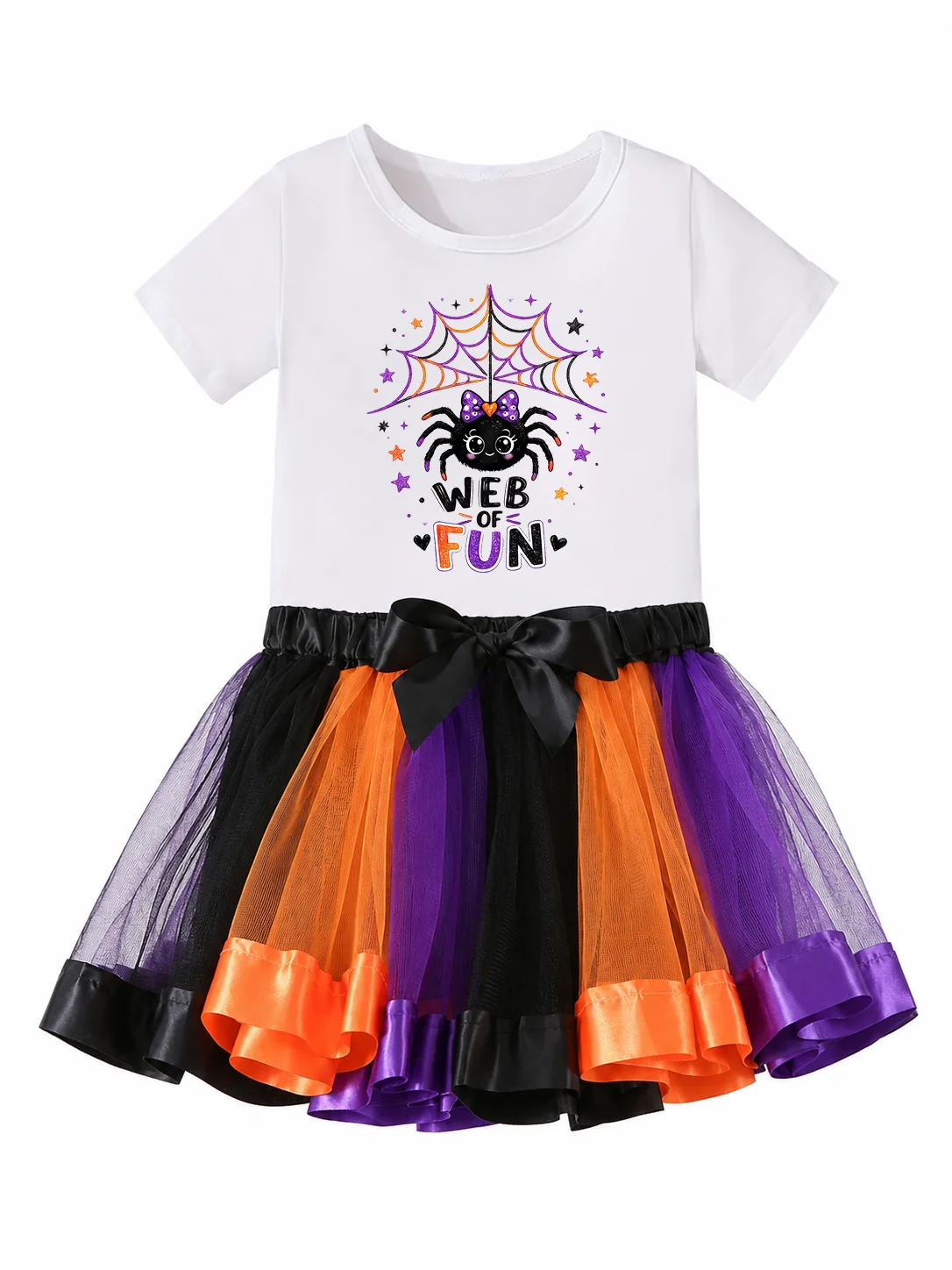 Kids Girls Halloween 2 Piece Outfit Spider Web Print T Shirt Purple Orange Black Tulle Tutu Skirt Children Holiday Party Fancy D