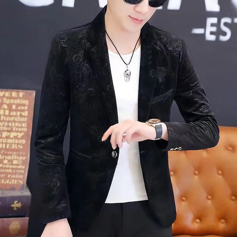 2-A48  Men's high-end suits, spring and autumn trend, Korean style flocking temperaacket, top, printed cool small suit