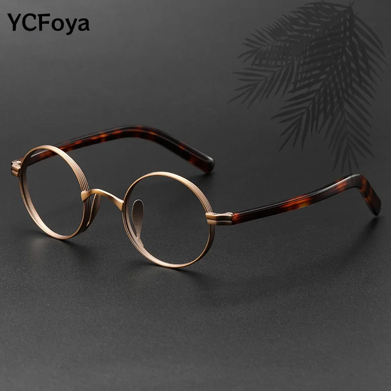 

YCFoya Men and Women Vintage Wide Edge Alloy Glasses Frame High Quality Optical Acetate Leg Small Round Eyeglasses 131mm 10881