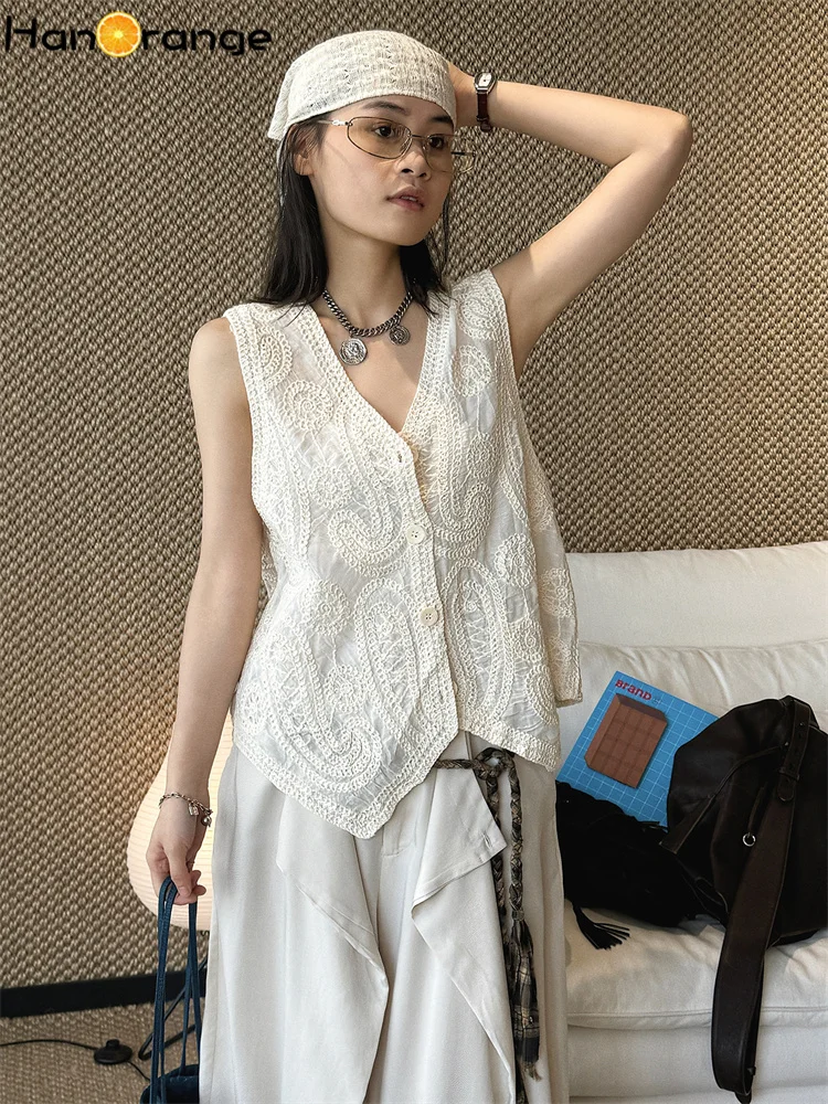 HanOrange 2026 Summer Bohemian Style Embroidery Hollow Vest Women Handmade Feeling Sleeveless Top Beige