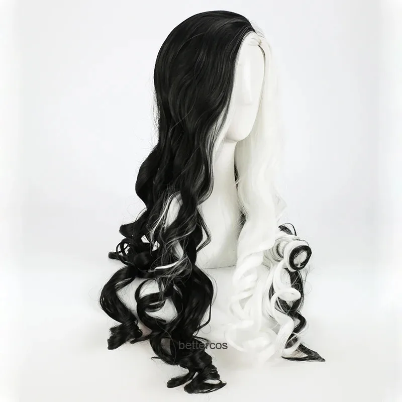 

2025 22 CRUELLA Deville De Vil Парики для косплея 75 см Длинные вьющиеся белые получерные термостойкие синтетические волосы + шапочка для парика