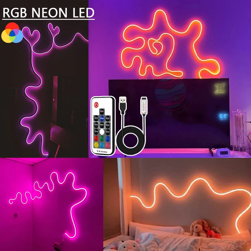 USB Neon Rope Lights, Led Rope Lights Control with RF Remote, RGB Led Neon Lights, Gaming Led Neon Light Strip for Bedroom