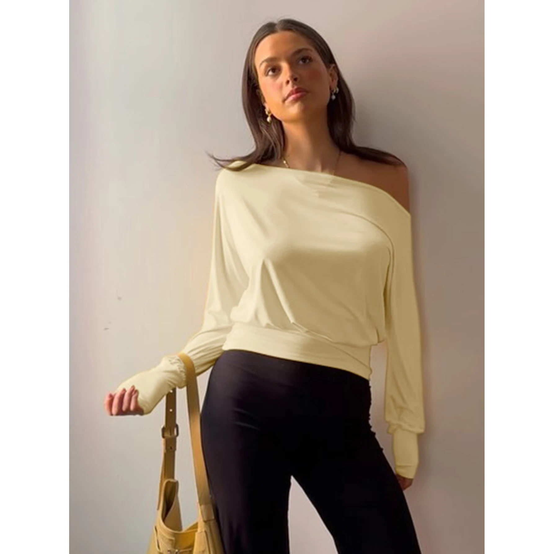 Fashionable Pure Color Asymmetrical Shoulder Long Sleeve Pleated Crop Top T-Shirt Women's Autumn 2025 Cross-Border Clothing