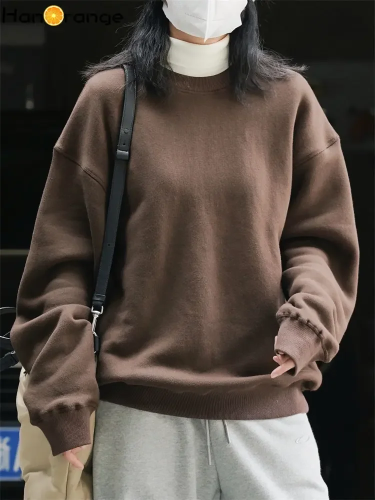 

HanOrange 2025 Winter Casual Fleece O-Neck Sweatshirt Loose Warm 100% Cotton Top Women Coffee/Blue Purple/Off White