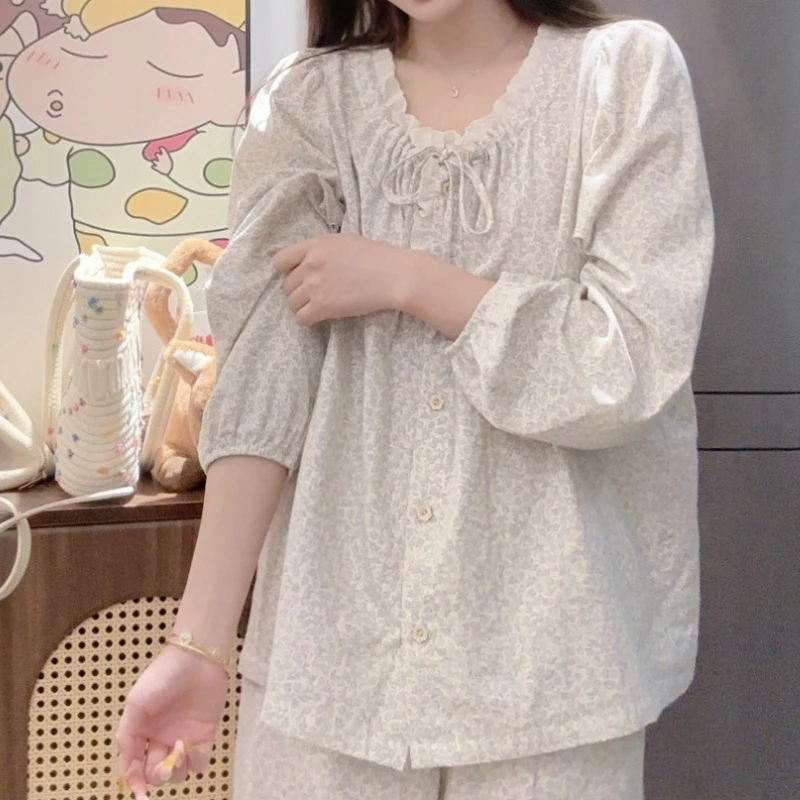 

2026 New Spring Sweet Cotton Pajamas for Women, Slim and Temperamental, Long-sleeved, Breathable, Casual Home Clothes Set