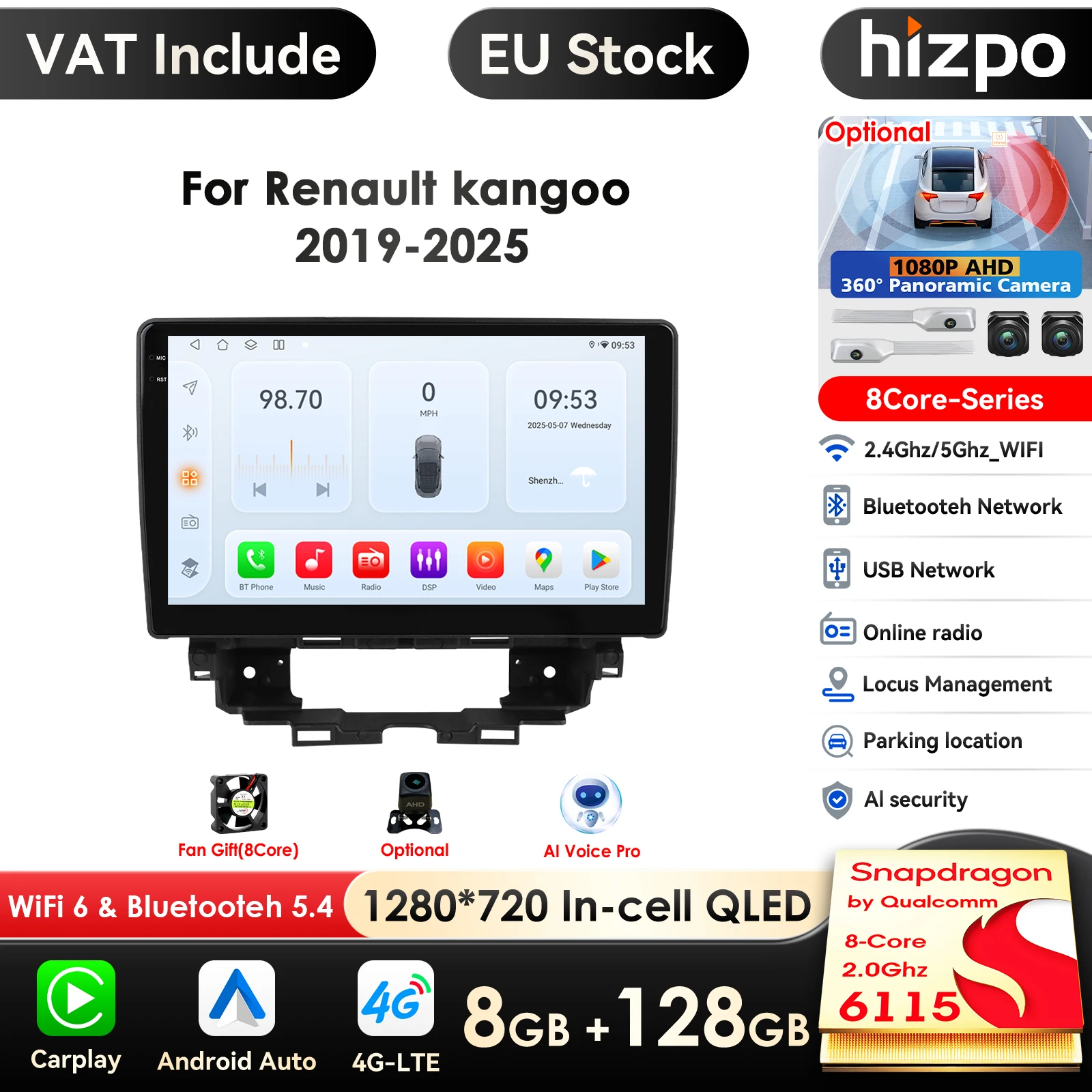 Hizpo Android Intelligente Systeme für Renault Kangoo 2019 2020 2021-2025 Autoradio Multimedia Player Carplay 4G WIFI BT GPS Navi