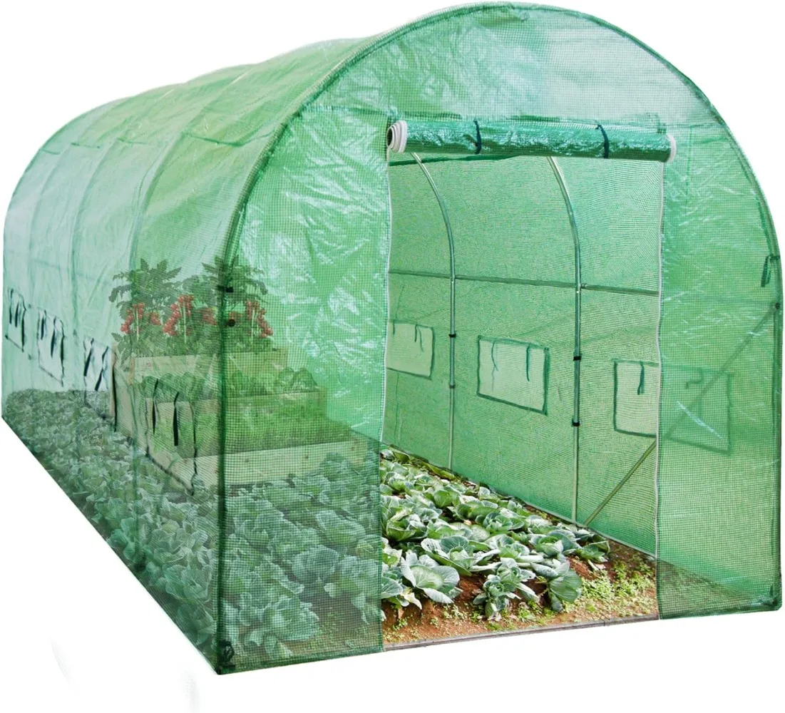 15x7x7ft Walk-in Greenhouse Tunnel, Garden Accessory Tent for Backyard, Home Gardening w/ 8 Roll-Up Windows, Zippered Door