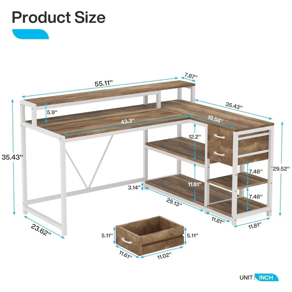 

L Shaped Desk with Drawers and Storage Shelves, Corner Home Office Desk with Monitor Stand, 55" x 24" Desktop, Customized
