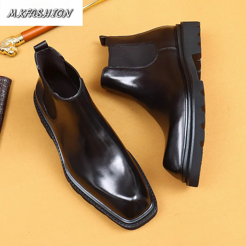 Men's Business Casual Short Boot Genuine Leather Thick Bottom Square Toe Slip On Ankle Boot Booties
