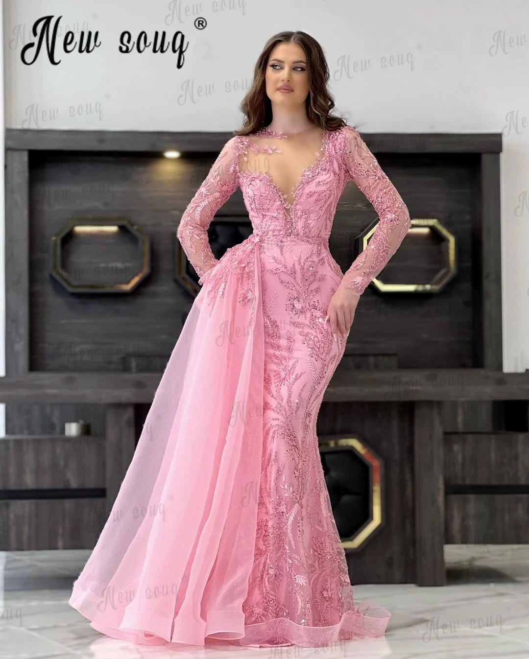 Plus Size Pink Evening Dresses Women 2023 Beaded Long Sleeves Formal Occasion Dresses Middle East Wedding Party Dresses Robes