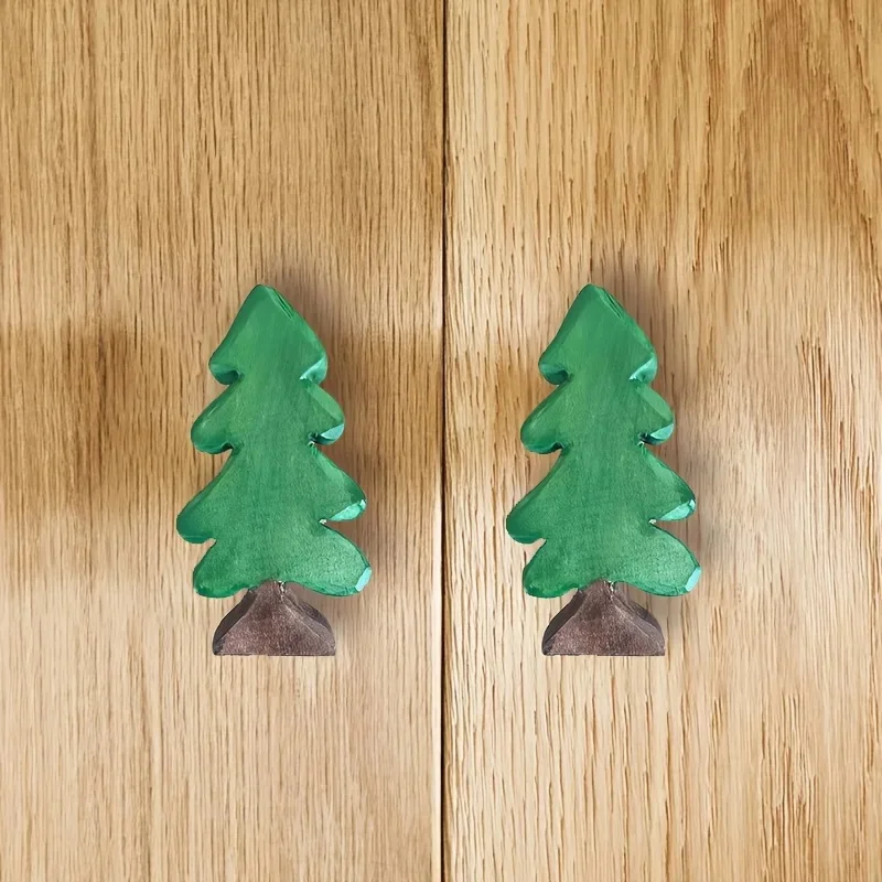 2Pcs Hand Painted Green Wooden Christmas Tree Drawer Pulls Knob Festive Furniture Handle for Cabinet Dresser Cupboard Wardrobe