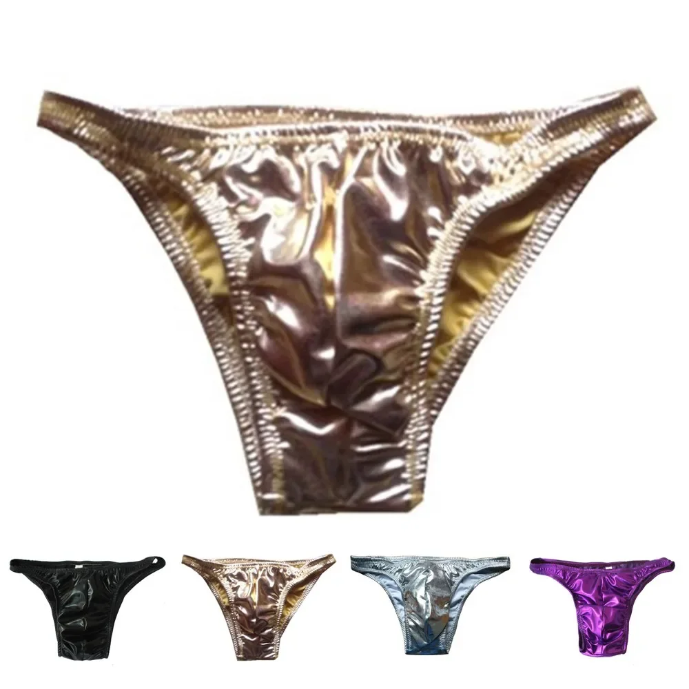 Bright Briefs Men Gold Silver Briefs Leather Underwear Men Bikini U Convex Penis Pouch Cueca Imitation Male Hipster Jockstrap