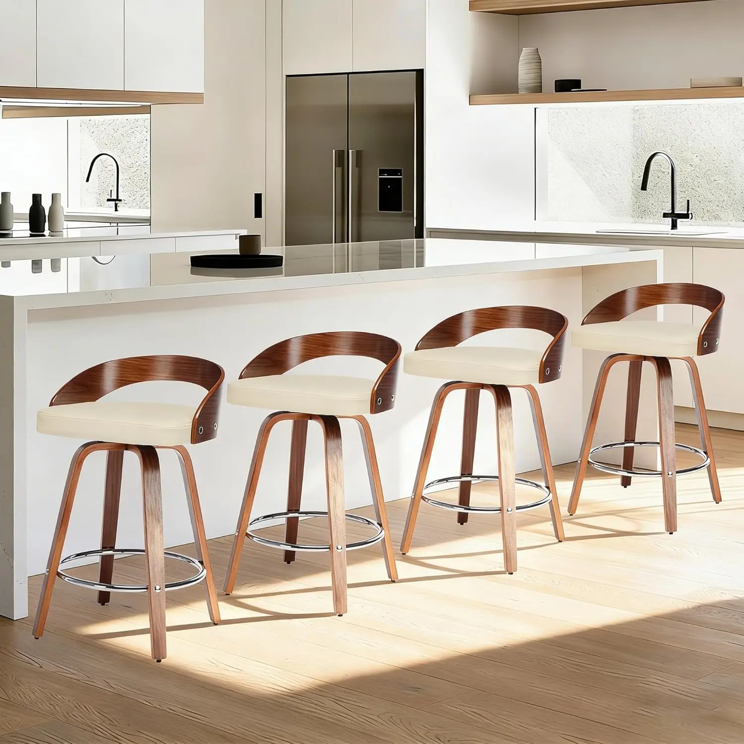 

Set of 4 Swivel Bar Stools, 24.6' Counter Height, Mid-Century Modern Upholstered Walnut with Curved