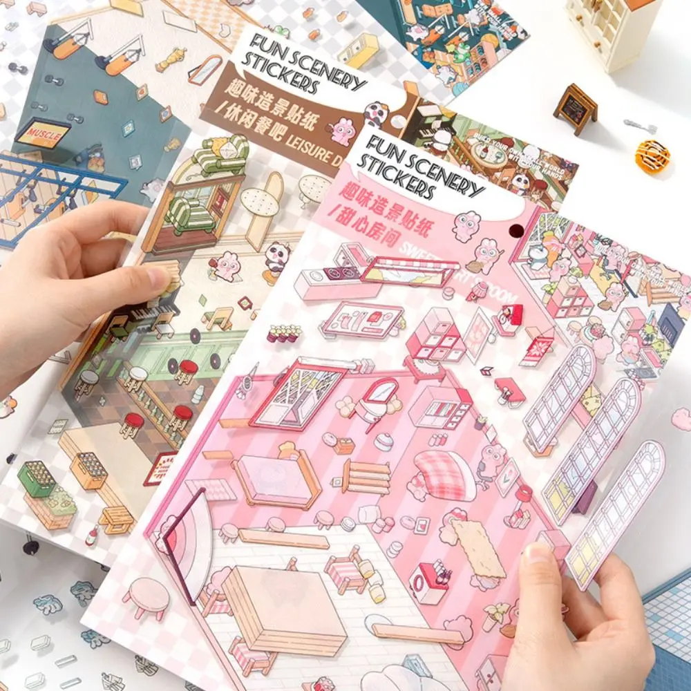 Novo plus size 3d paisagem adesivo dos desenhos animados visual empilhamento adesivo cena da cabine bolso cena estudante criança criança
