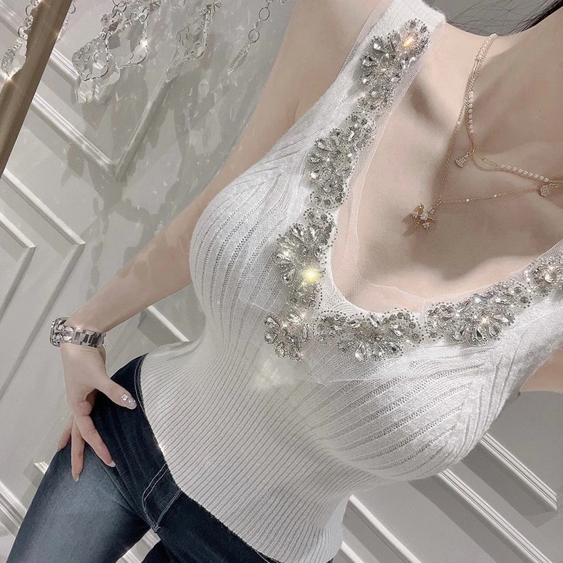 Dongda Gate New Style Women\'s Knitted Diamond Embellished V-Neck Slim Fit Tank Top Sexy Show Body Commute Style Polyester Blend