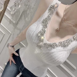 Dongda Gate New Style Women's Knitted Diamond Embellished V-Neck Slim Fit Tank Top Sexy Show Body Commute Style Polyester Blend