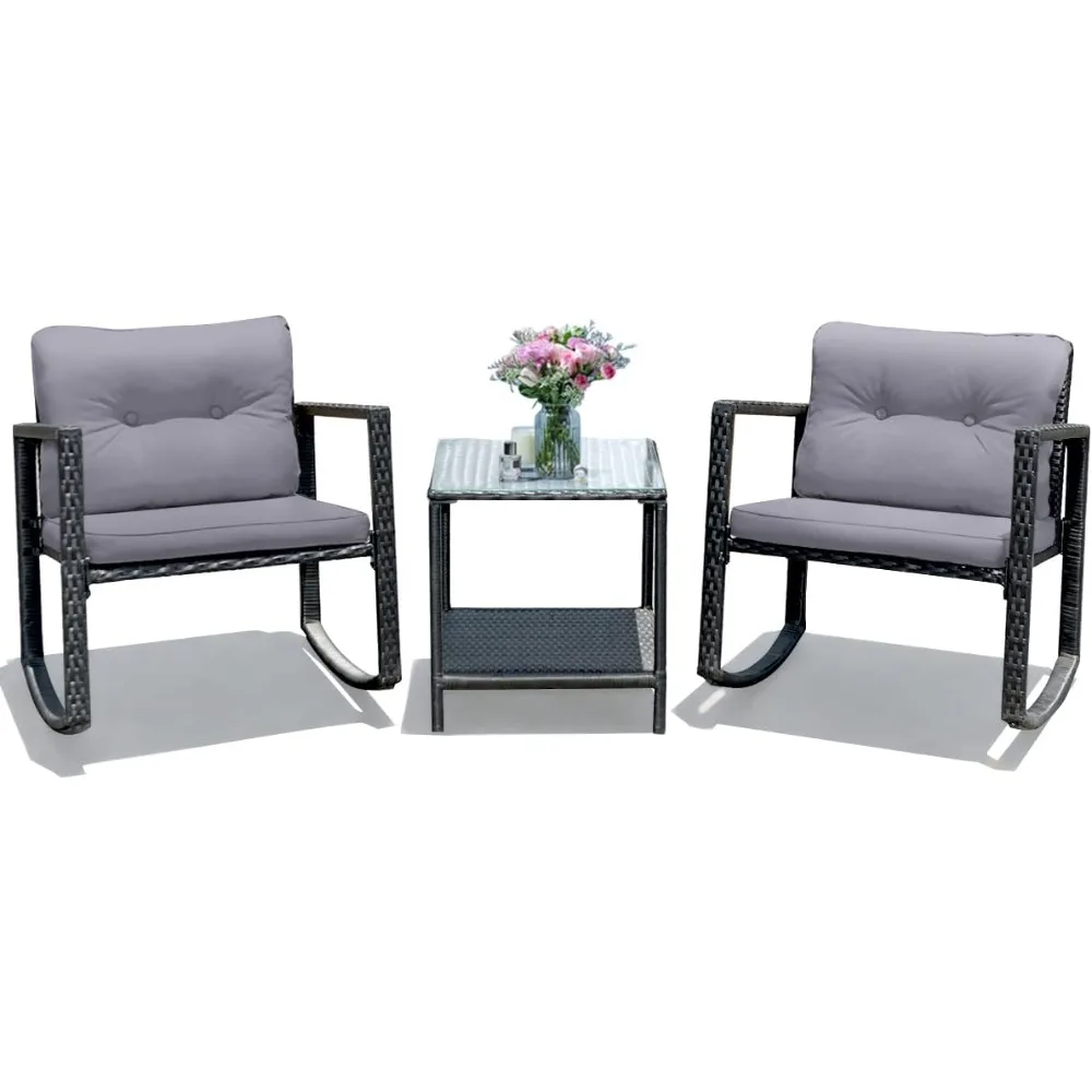 

3-piece terrace wicker rocking chair small bar set, outdoor rocking chair furniture set with cushioned seats