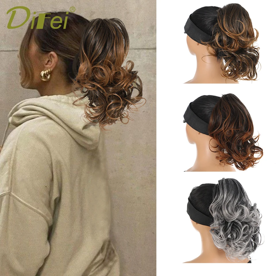 

DIFEI Short Curly Ponytail Synthetic Wig Female Claw Clip Ponytail High Temperature Chemical Fiber Short Wave Ponytail Wig