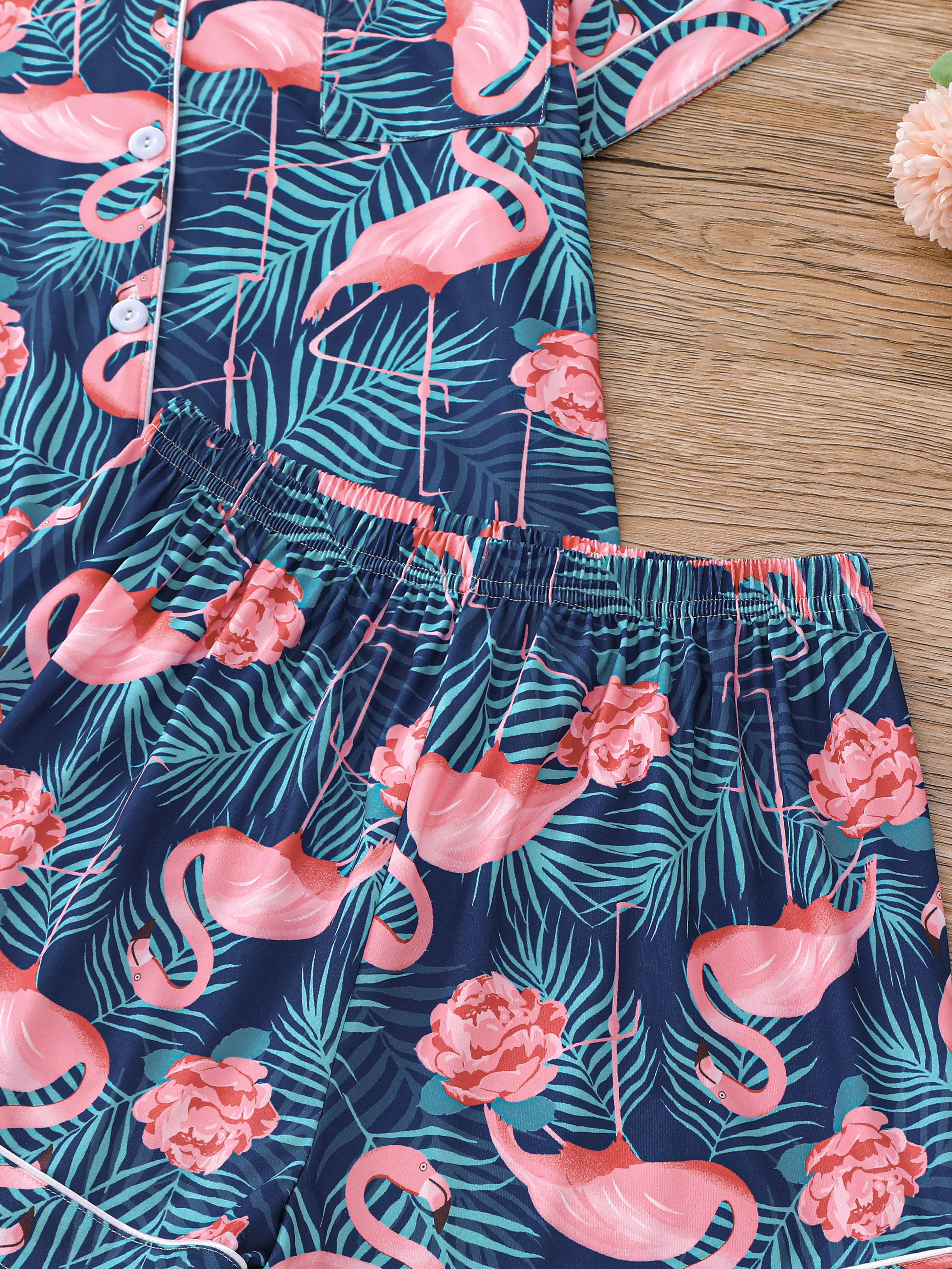 Tropical Plant And Flamingo Print Shirt Collar Short Sleeve Top And Loose Shorts Pajama Set