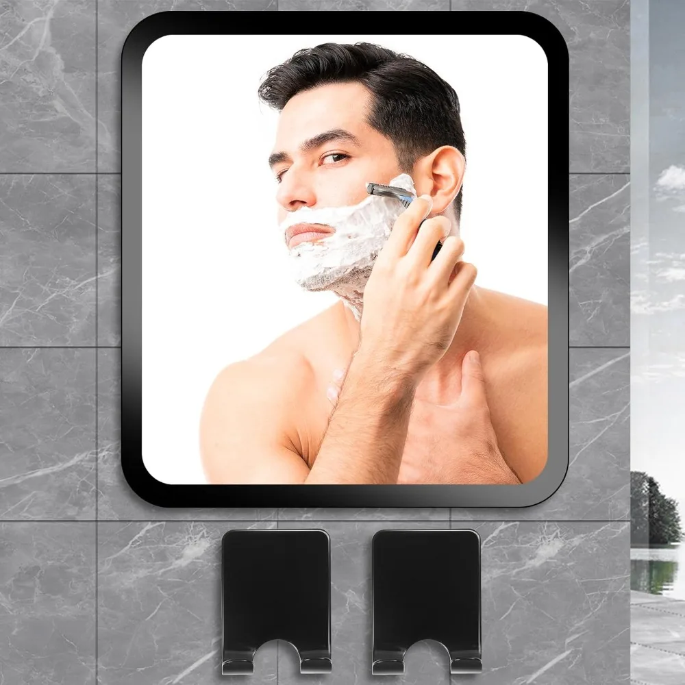 

Anti-fog shower mirror, 7.8 x 7 inches, black, wall-mounted, with 2 razor holders, no electricity required.