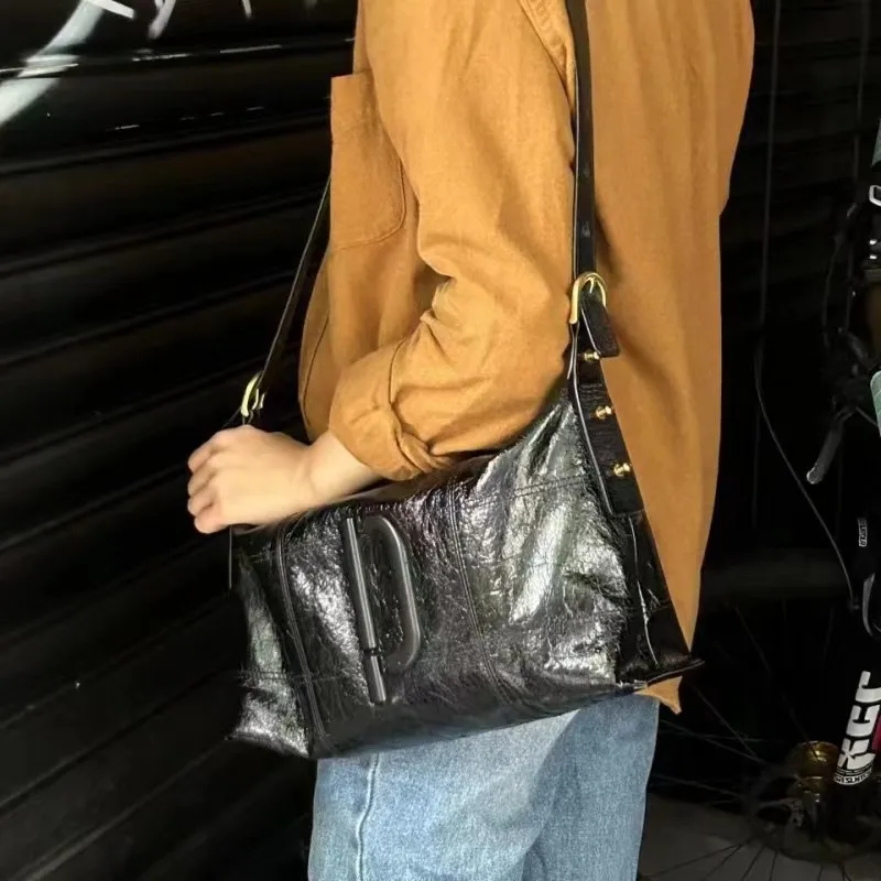 PECO Crackle Tote Bag Large Capacity Genuine Leather Travel Shoulder Soft Pillow Bag Crossbody Sports Bag